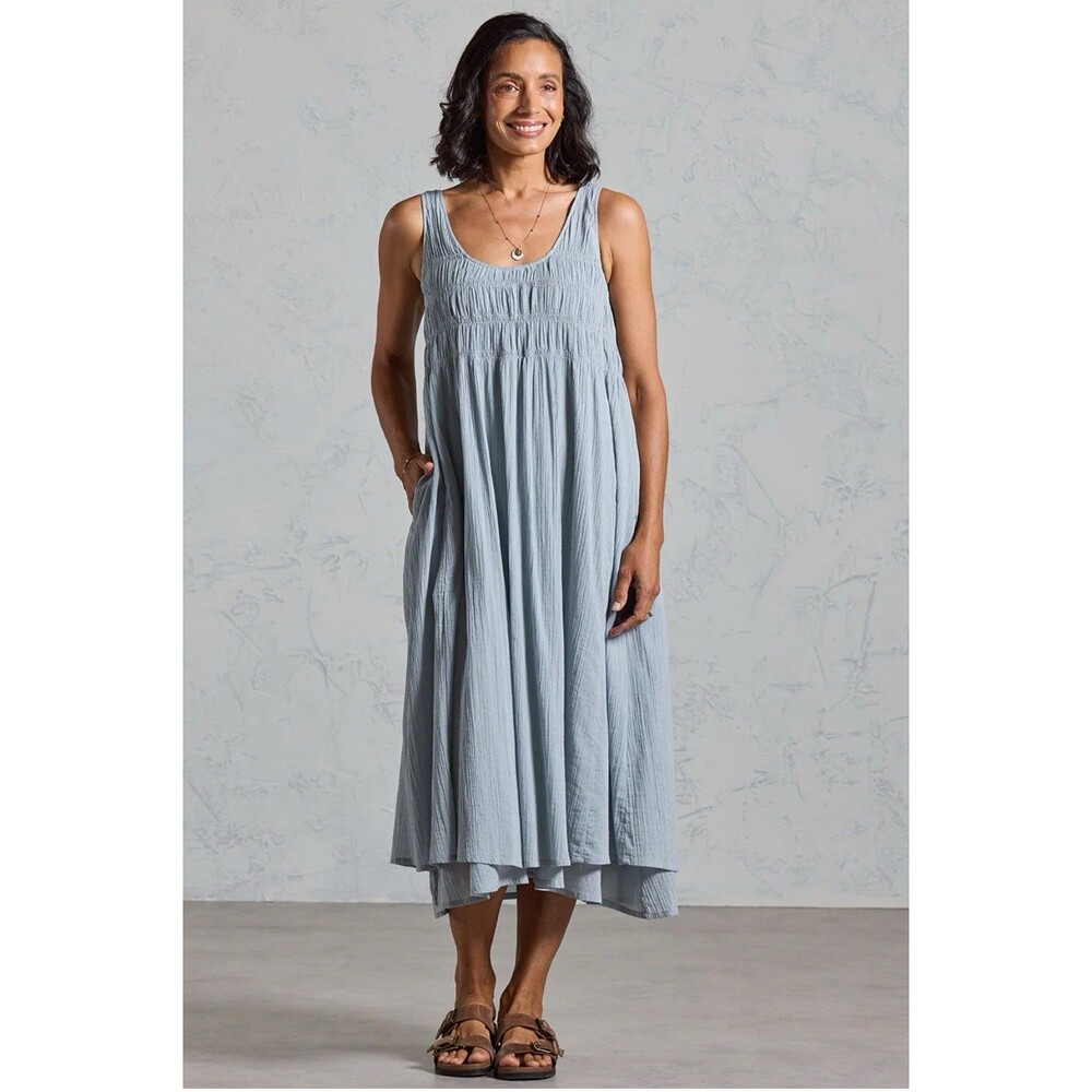 Nomad The Label Del Monte Midi Cotton Dress Slate Blue Sz Lrg